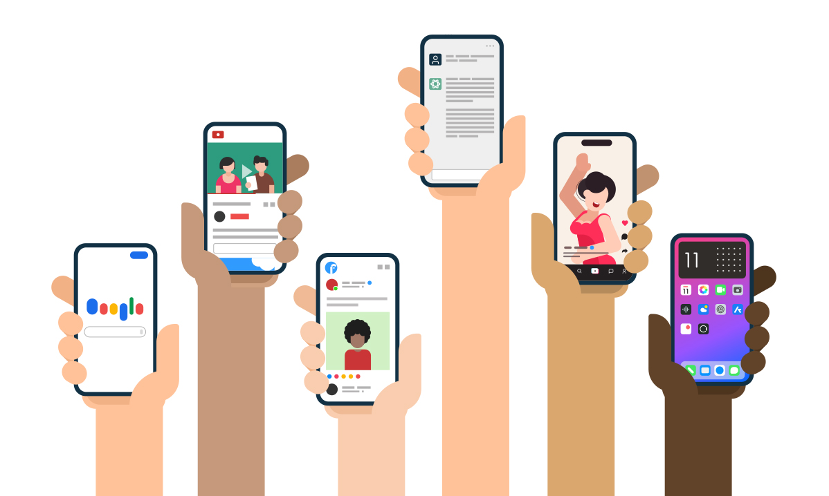 Illustration showing hands holding mobile phones with social media and search apps open