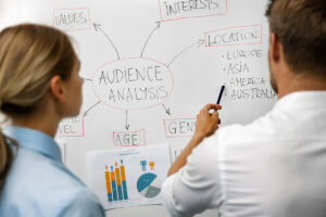 Two professionals discussing audience analytics info written on whiteboard they're facing