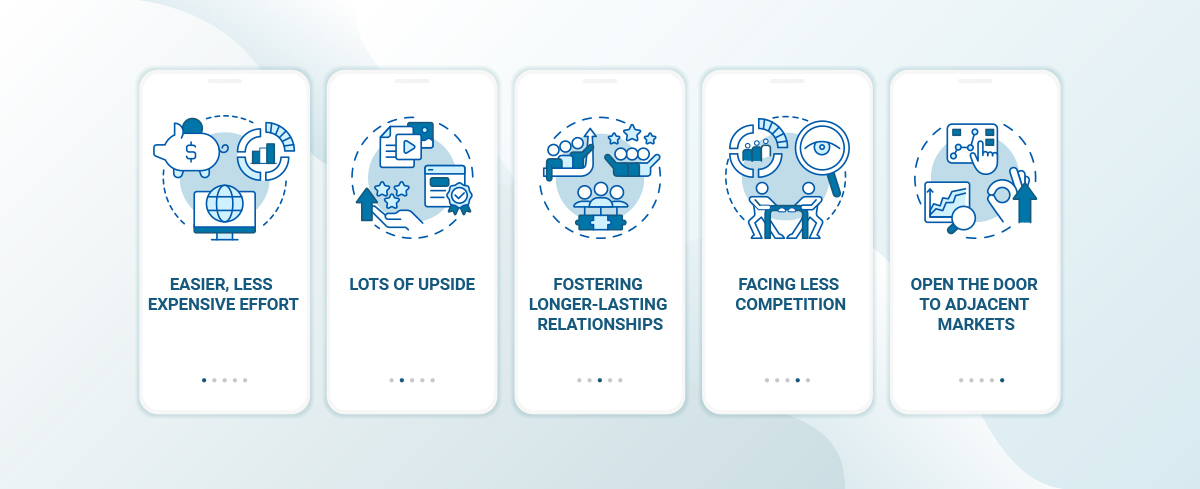 A graphic look at the advantages of niche vs. mass marketing, including easier, less expensive effort; lots of upside; longer-lasting relationships, less competition; and access to adjacent markets