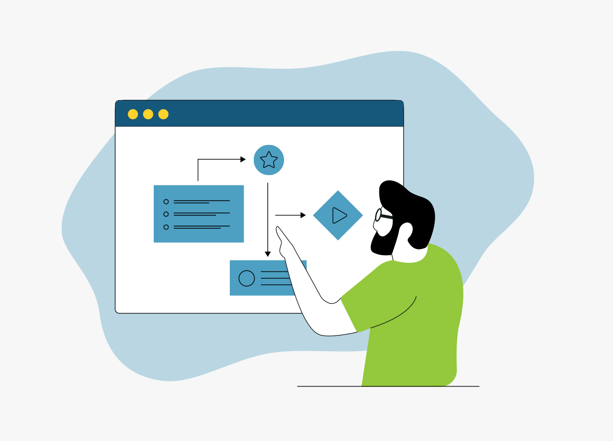 Illustration showing worker examining drawings of a system to represent the blueprint for a modular marketing approach