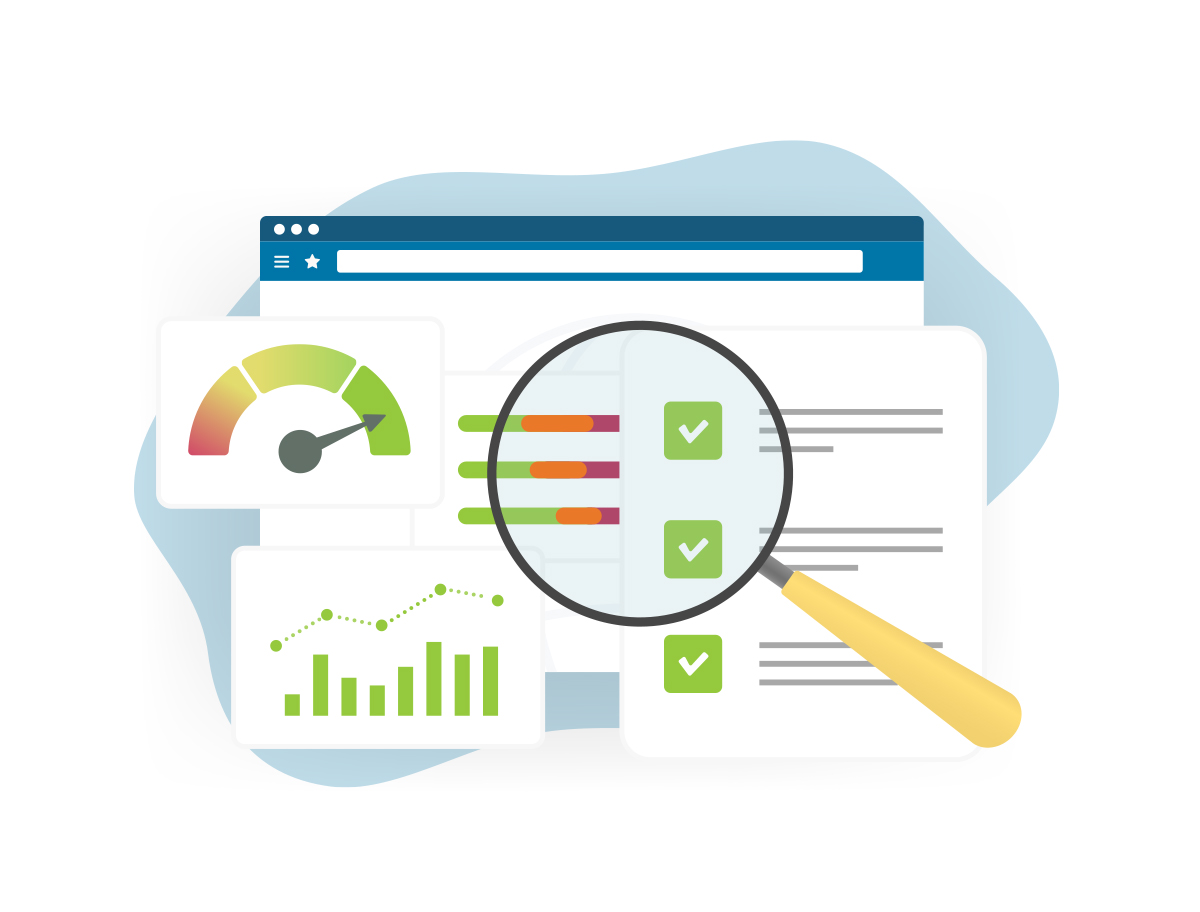 Illustration showing magnifying glass focusing on marketing data to represent the data-driven decisions that are the final touches of a modular marketing strategy