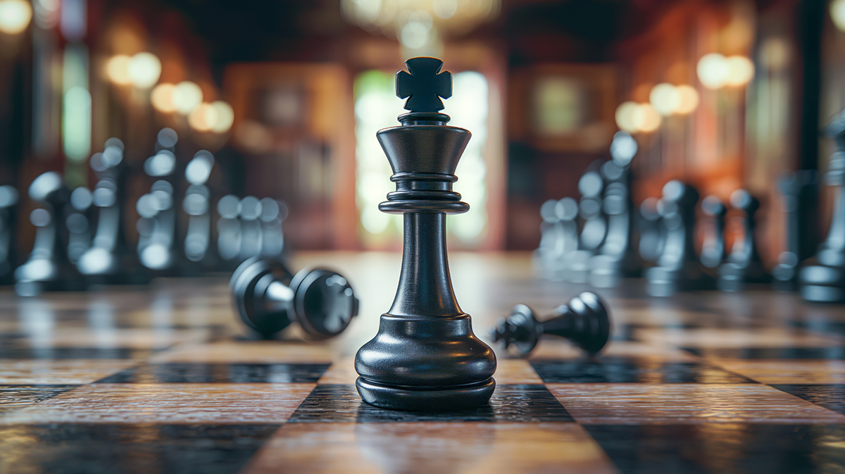 Chess king piece standing tall on chess board with nearby pieces toppled