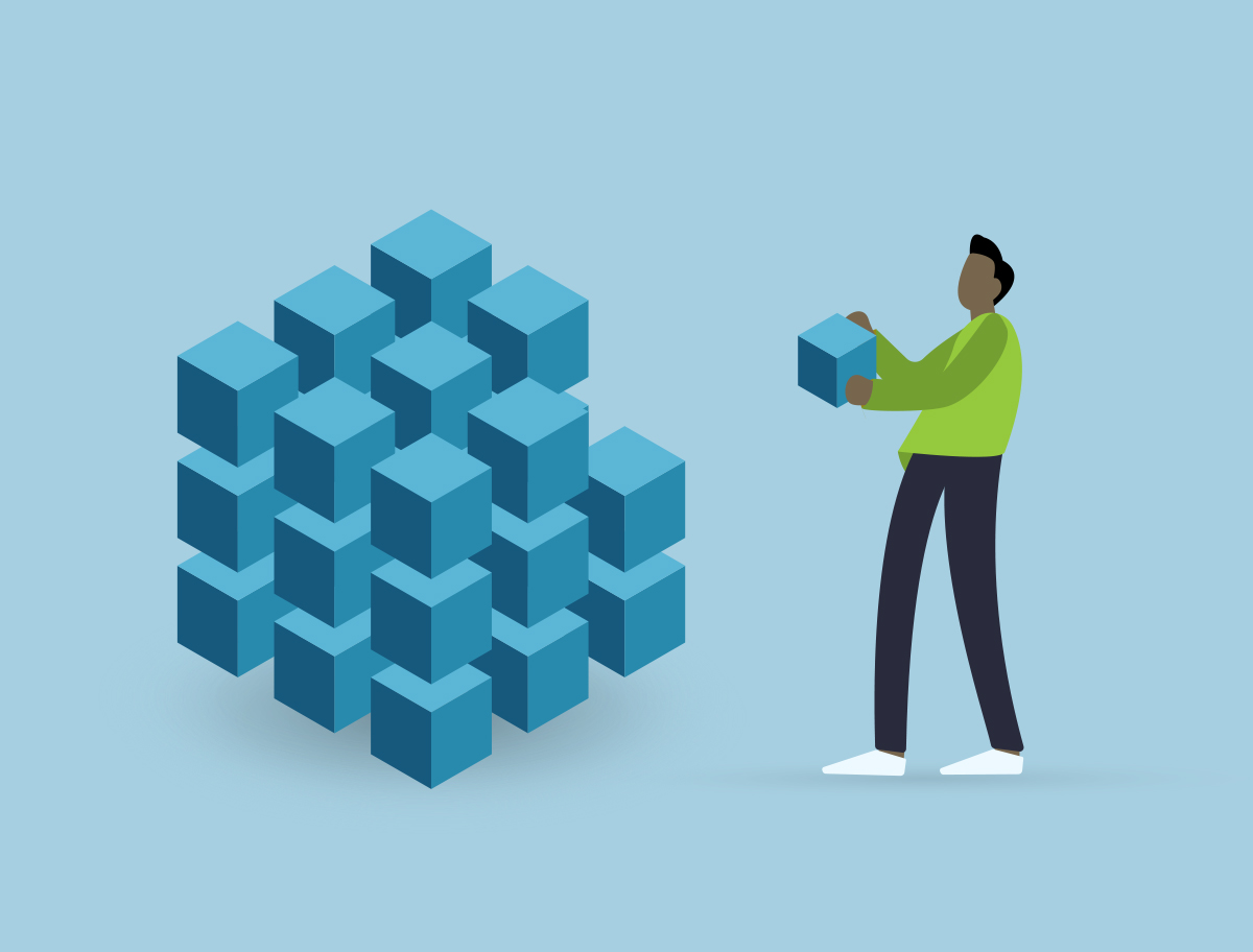 Illustration showing individual adding a building block to customize a 3D structure (representing modular marketing)